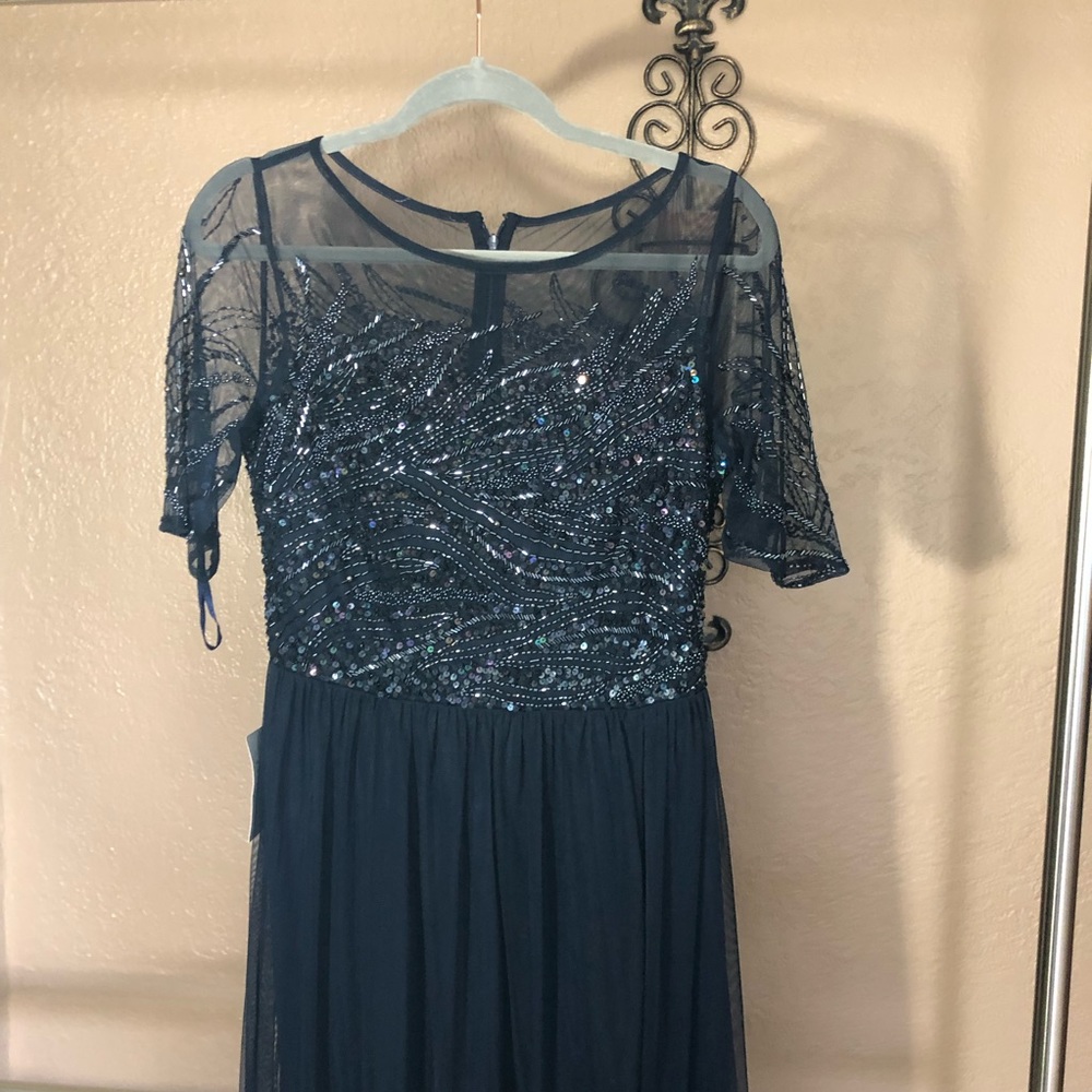 NEW Adrianna Papell Beaded Bodice Mesh Gown Blue - Picture 7 of 8
